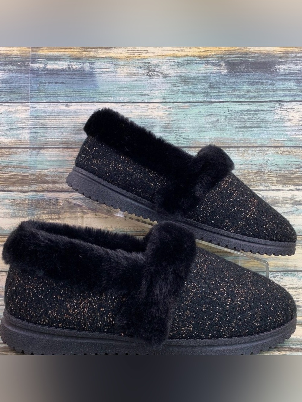 Skechers Cozy Lite Sweet Walk Slippers Womens Size 9M Black Fabric Soft Faux Fur